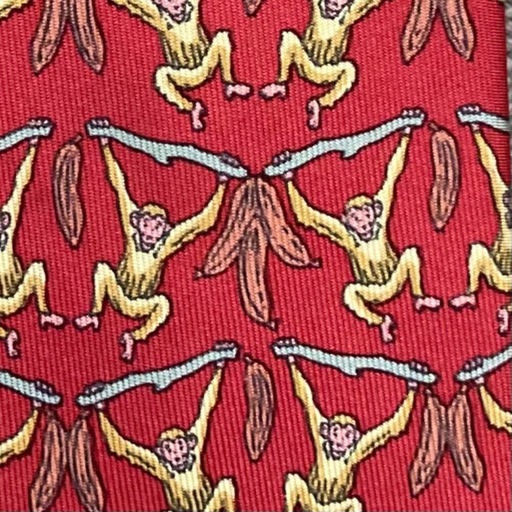 100% REAL HERMES TIE ~ DARKER RED w FUN YELLOW MONKEYS IN PINK BANANA TREES